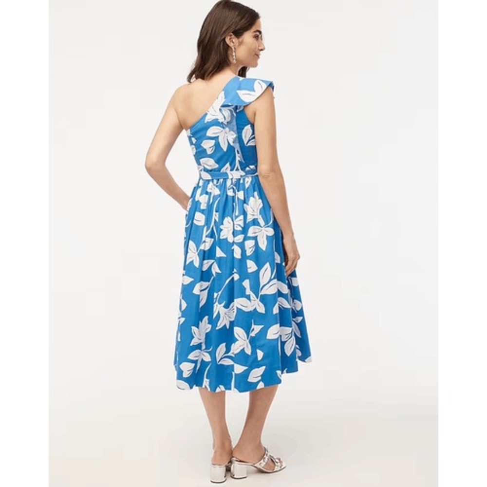 J.Crew One-Shoulder Midi Dress Womens 10 Blue White Floral Ruffle Hawaiian Beach - Picture 2 of 12